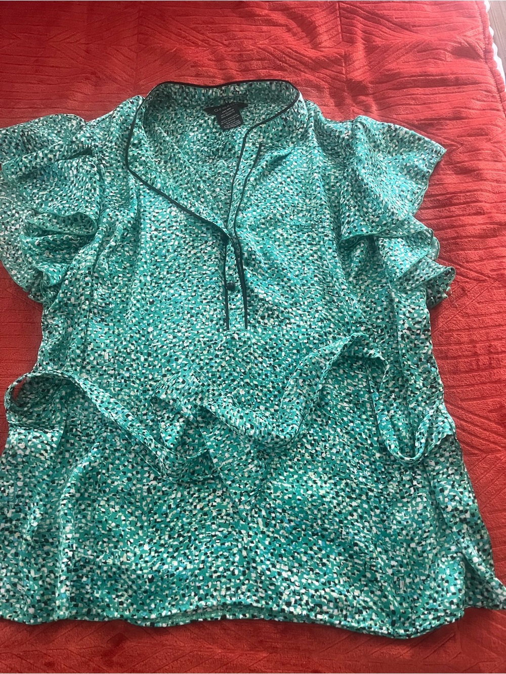 George Teal Green Printed Ruffle Sleeve Blouse